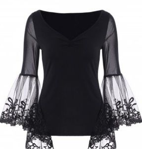 V Neck Bell Sleeve Sheer Lace Panel Shirt